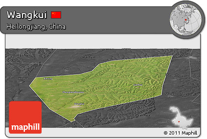 Satellite Panoramic Map of Wangkui, darken, desaturated