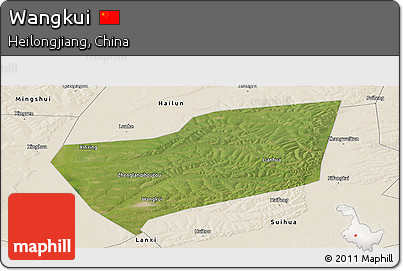 Satellite Panoramic Map of Wangkui, shaded relief outside