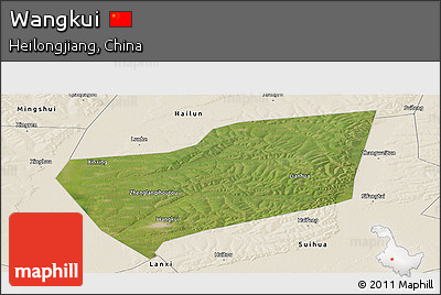 Satellite Panoramic Map of Wangkui, shaded relief outside