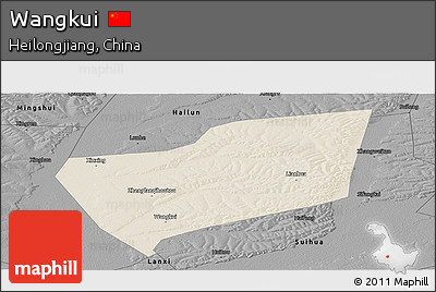Shaded Relief Panoramic Map of Wangkui, darken, desaturated