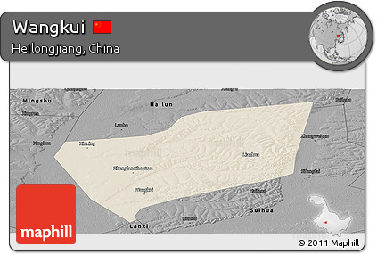 Shaded Relief Panoramic Map of Wangkui, darken, desaturated