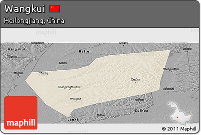 Shaded Relief Panoramic Map of Wangkui, darken, desaturated
