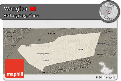 Shaded Relief Panoramic Map of Wangkui, darken