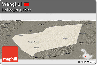 Shaded Relief Panoramic Map of Wangkui, darken