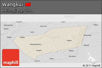 Shaded Relief Panoramic Map of Wangkui, desaturated