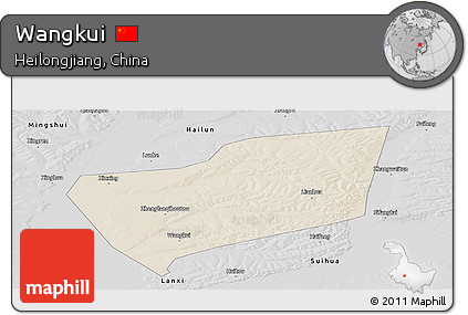 Shaded Relief Panoramic Map of Wangkui, desaturated