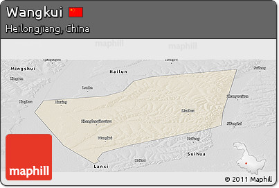 Shaded Relief Panoramic Map of Wangkui, desaturated