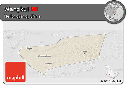 Shaded Relief Panoramic Map of Wangkui, lighten, desaturated