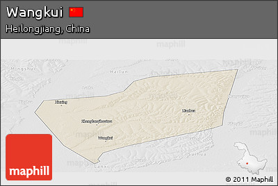 Shaded Relief Panoramic Map of Wangkui, lighten, desaturated