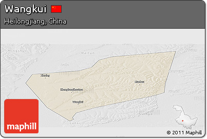 Shaded Relief Panoramic Map of Wangkui, lighten, desaturated