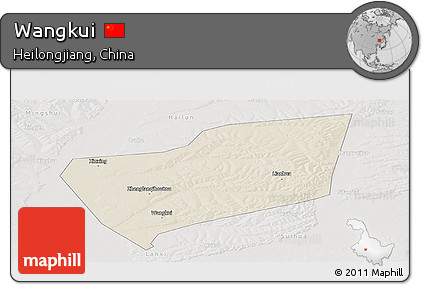 Shaded Relief Panoramic Map of Wangkui, lighten, semi-desaturated