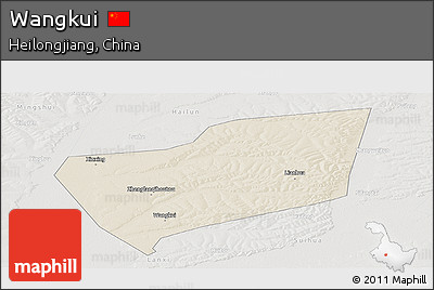 Shaded Relief Panoramic Map of Wangkui, lighten, semi-desaturated