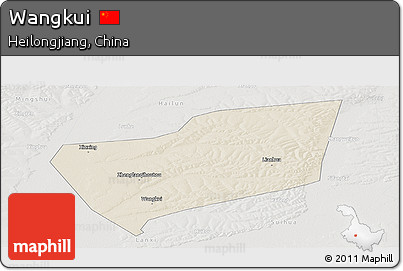 Shaded Relief Panoramic Map of Wangkui, lighten, semi-desaturated