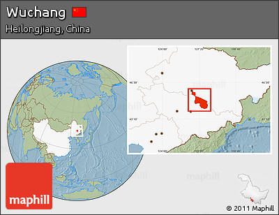 Savanna Style Location Map of Wuchang, highlighted country, hill shading