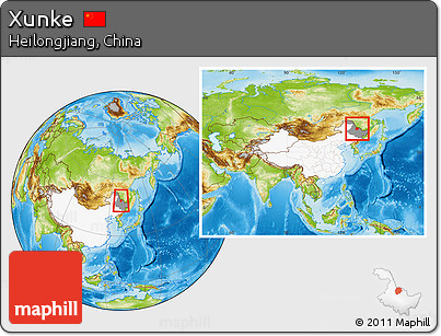 Physical Location Map of Xunke, highlighted country, highlighted parent region, within the entire country