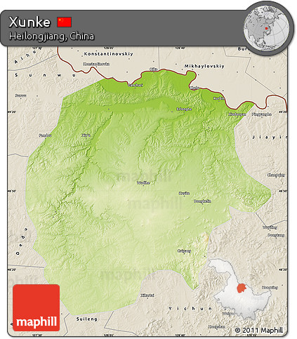 Physical Map of Xunke, shaded relief outside