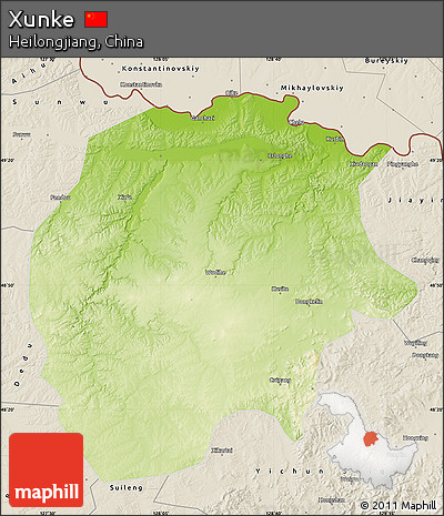 Physical Map of Xunke, shaded relief outside