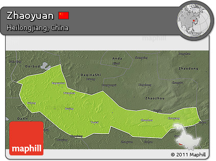 Physical 3D Map of Zhaoyuan, darken, semi-desaturated