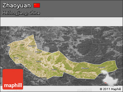Satellite 3D Map of Zhaoyuan, darken, desaturated