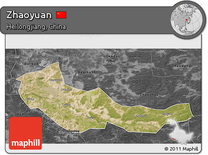 Satellite 3D Map of Zhaoyuan, darken, desaturated