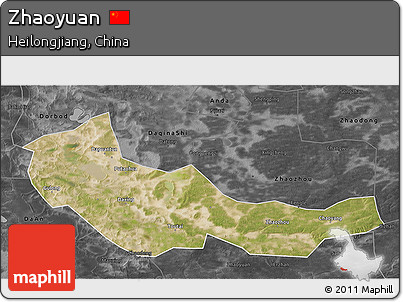 Satellite 3D Map of Zhaoyuan, darken, desaturated