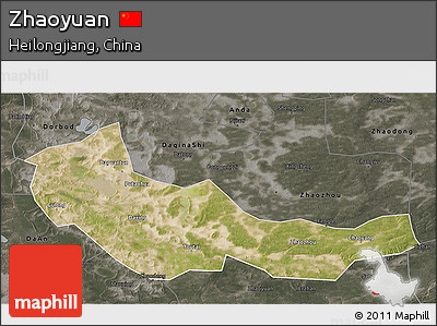 Satellite 3D Map of Zhaoyuan, darken, semi-desaturated