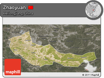 Satellite 3D Map of Zhaoyuan, darken, semi-desaturated