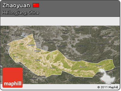 Satellite 3D Map of Zhaoyuan, darken, semi-desaturated