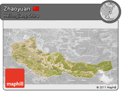 Satellite 3D Map of Zhaoyuan, lighten, desaturated