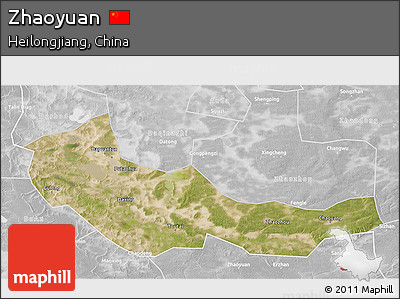 Satellite 3D Map of Zhaoyuan, lighten, desaturated
