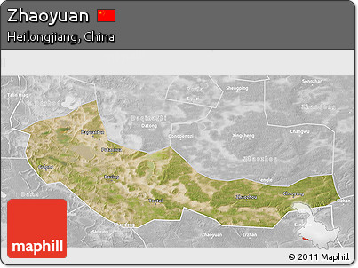 Satellite 3D Map of Zhaoyuan, lighten, desaturated