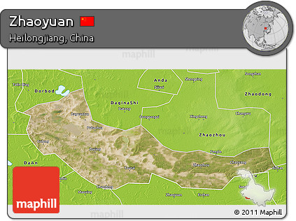 Satellite 3D Map of Zhaoyuan, physical outside