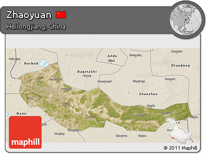 Satellite 3D Map of Zhaoyuan, shaded relief outside