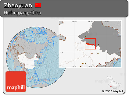 Gray Location Map of Zhaoyuan, highlighted country, highlighted parent region, hill shading