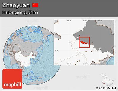 Gray Location Map of Zhaoyuan, highlighted country, highlighted parent region, hill shading