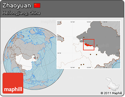 Gray Location Map of Zhaoyuan, highlighted country, highlighted parent region, hill shading