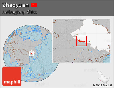 Gray Location Map of Zhaoyuan, highlighted parent region, hill shading