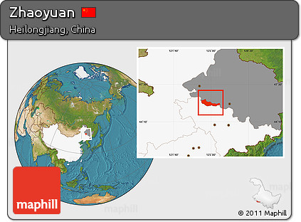 Satellite Location Map of Zhaoyuan, highlighted country, highlighted parent region