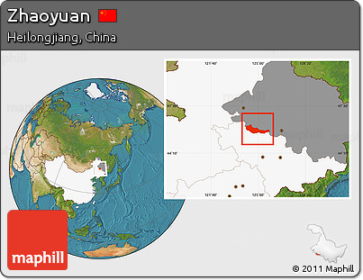 Satellite Location Map of Zhaoyuan, highlighted country, highlighted parent region