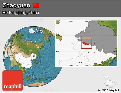 Satellite Location Map of Zhaoyuan, highlighted country, highlighted parent region