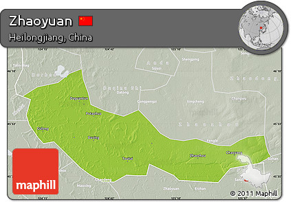 Physical Map of Zhaoyuan, lighten, semi-desaturated