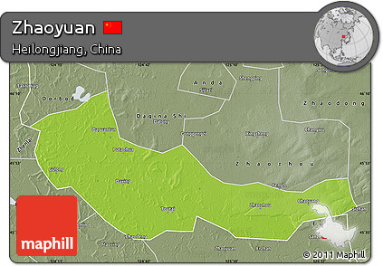Physical Map of Zhaoyuan, semi-desaturated