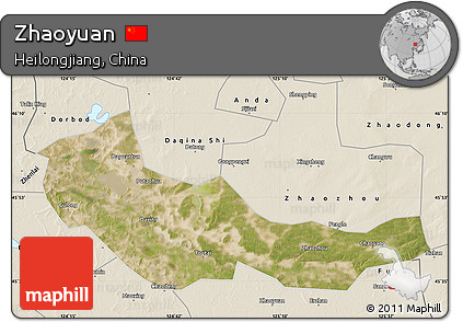 Satellite Map of Zhaoyuan, shaded relief outside
