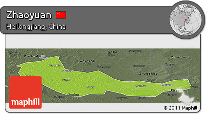 Physical Panoramic Map of Zhaoyuan, darken, semi-desaturated
