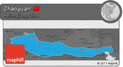 Political Panoramic Map of Zhaoyuan, darken, desaturated