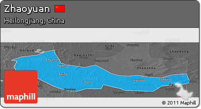 Political Panoramic Map of Zhaoyuan, darken, desaturated