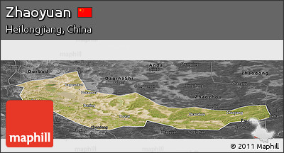 Satellite Panoramic Map of Zhaoyuan, darken, desaturated
