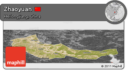 Satellite Panoramic Map of Zhaoyuan, darken, desaturated