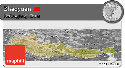 Satellite Panoramic Map of Zhaoyuan, desaturated