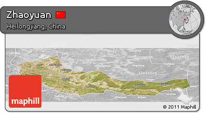 Satellite Panoramic Map of Zhaoyuan, lighten, desaturated